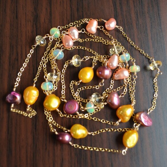 Long Pearl and Gemstone Wrap Necklace in Gold - Picture 1 of 10